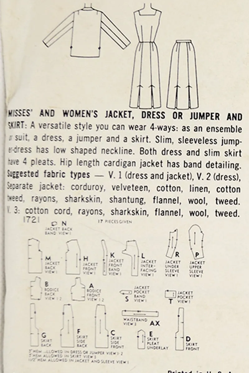 1956 Simplicity 1721 Vintage Sewing Pattern for Dress or Jumper & Skirt