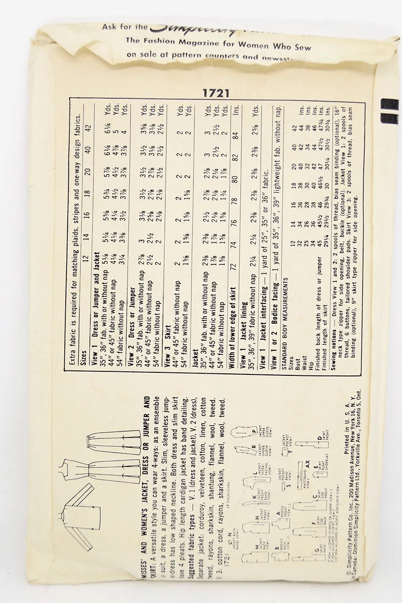 1956 Simplicity 1721 Vintage Sewing Pattern for Dress or Jumper & Skirt