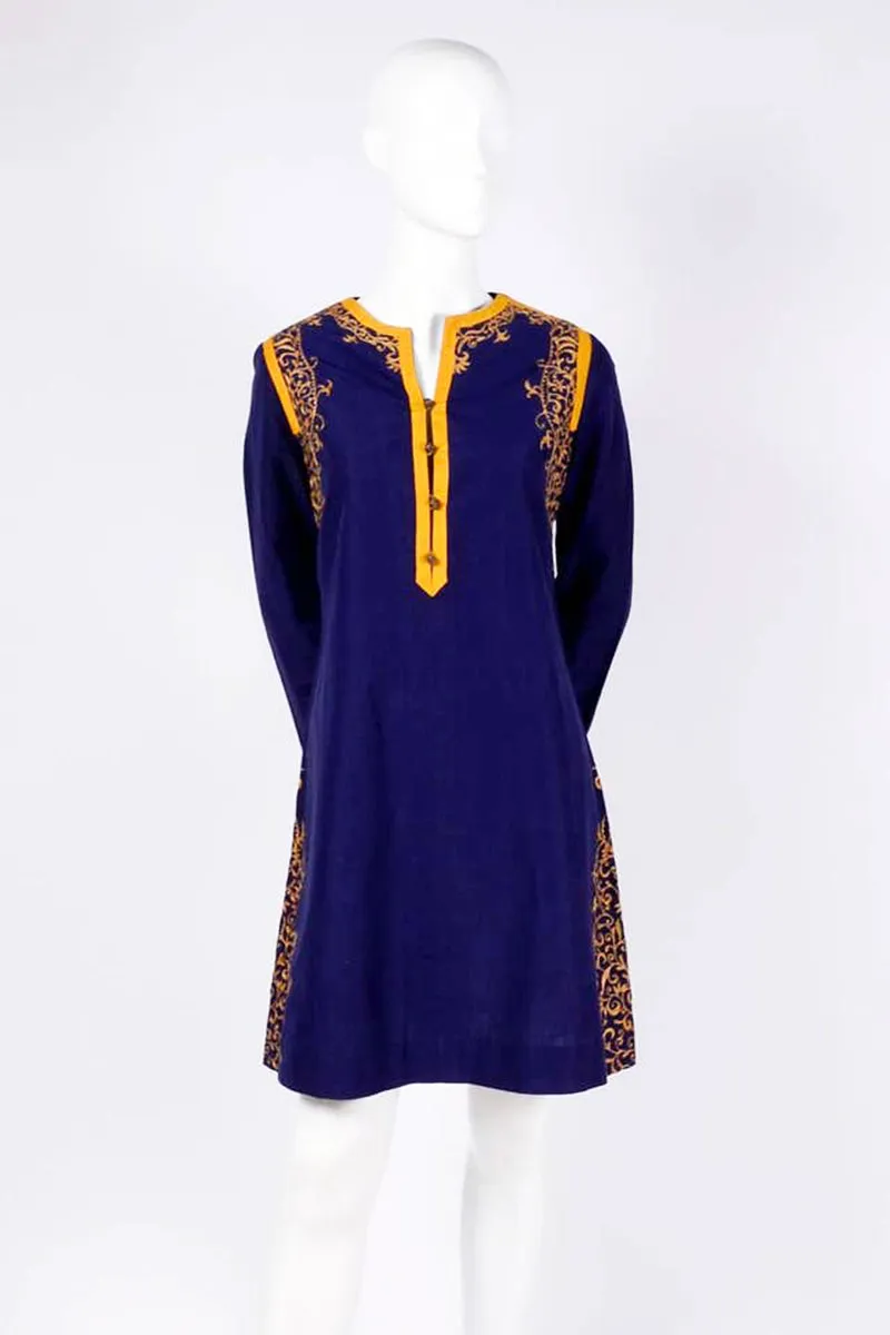 Aananda Vintage 1960's Blue Tunic Dress w Marigold Embroidery Trim