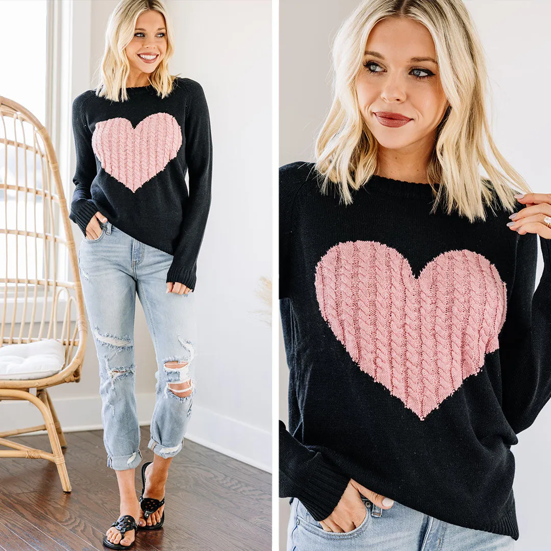 All For Love Black And Pink Heart Sweater