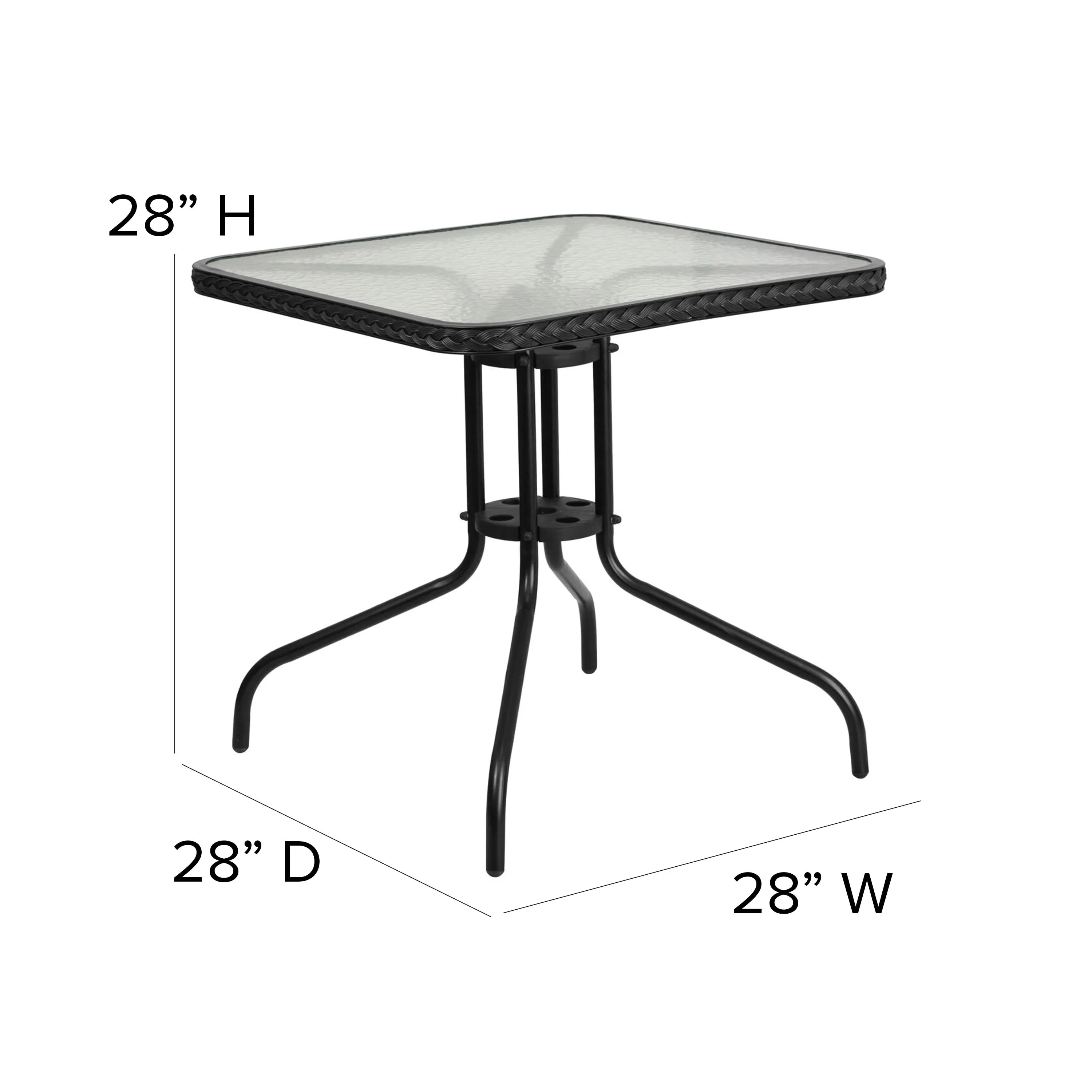 Barker 28'' Square Tempered Glass Metal Table with Rattan Edging