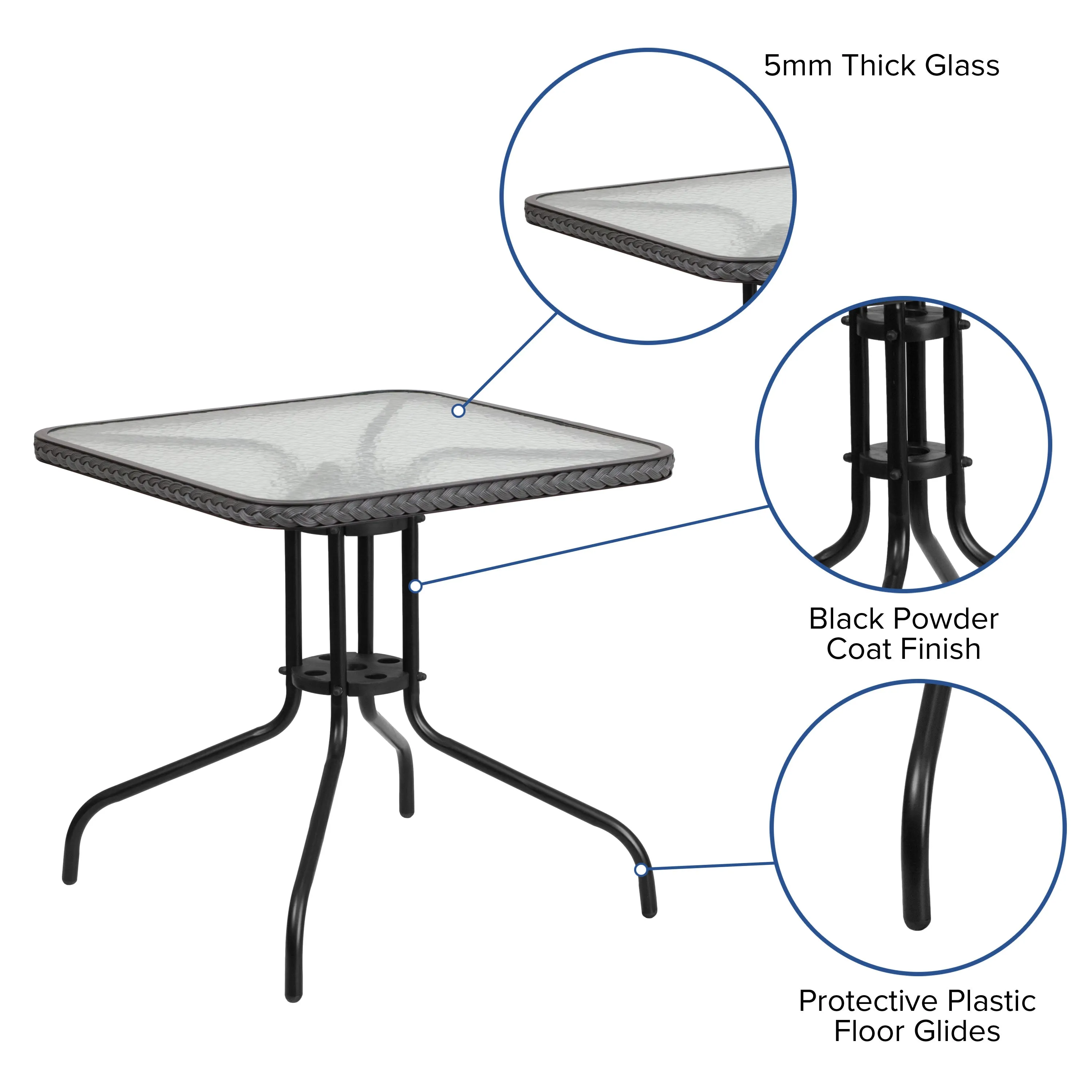 Barker 28'' Square Tempered Glass Metal Table with Rattan Edging