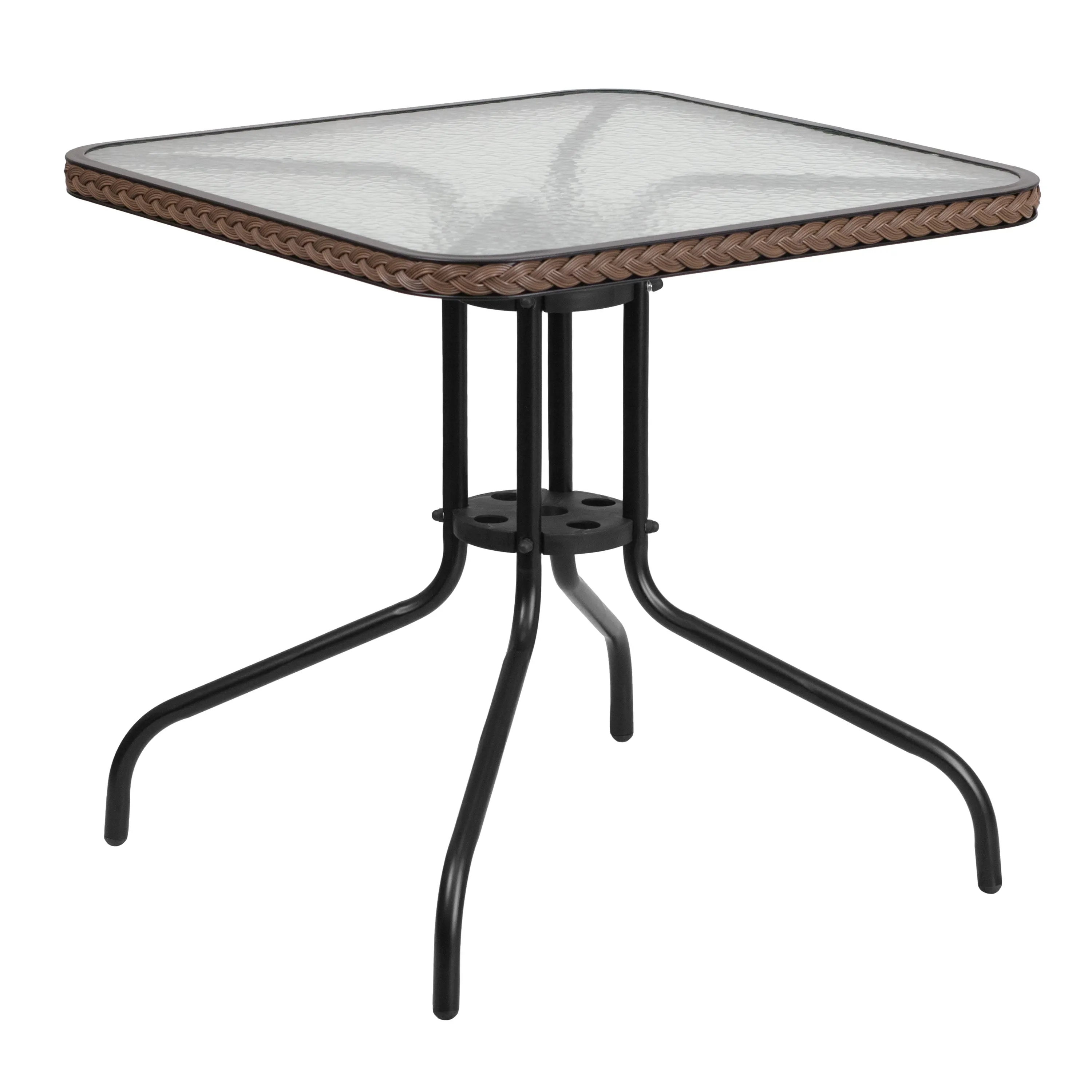 Barker 28'' Square Tempered Glass Metal Table with Rattan Edging