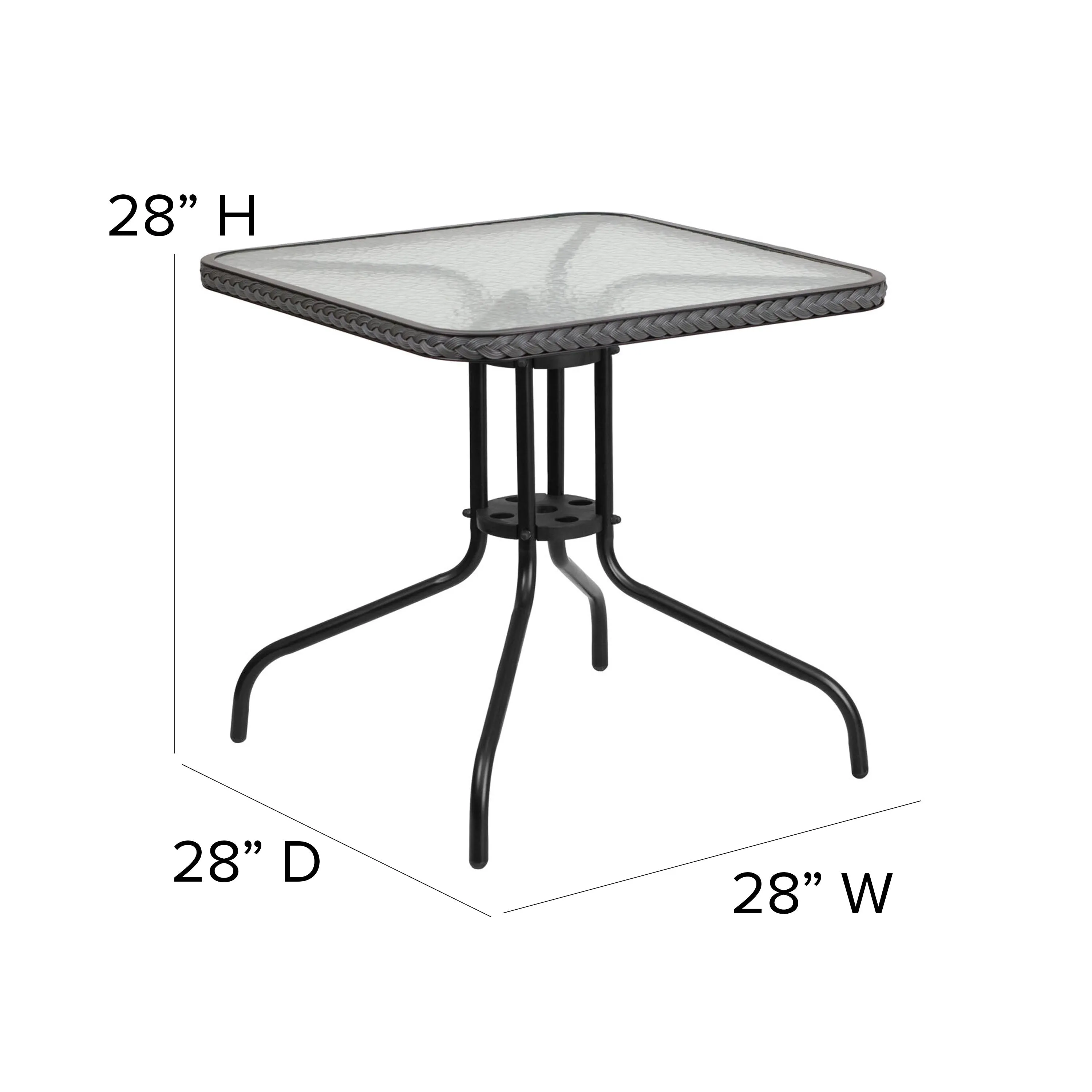 Barker 28'' Square Tempered Glass Metal Table with Rattan Edging