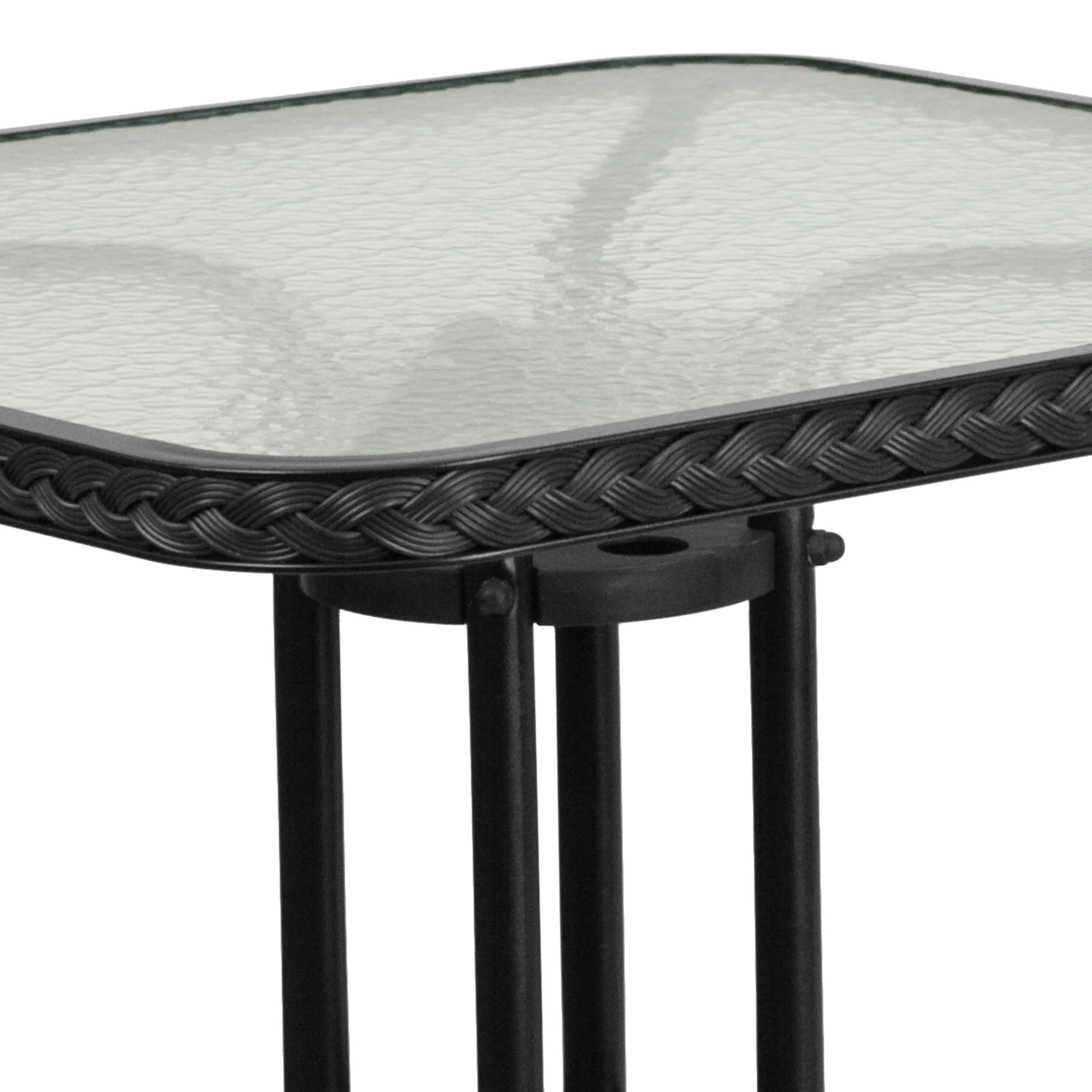 Barker 28'' Square Tempered Glass Metal Table with Rattan Edging