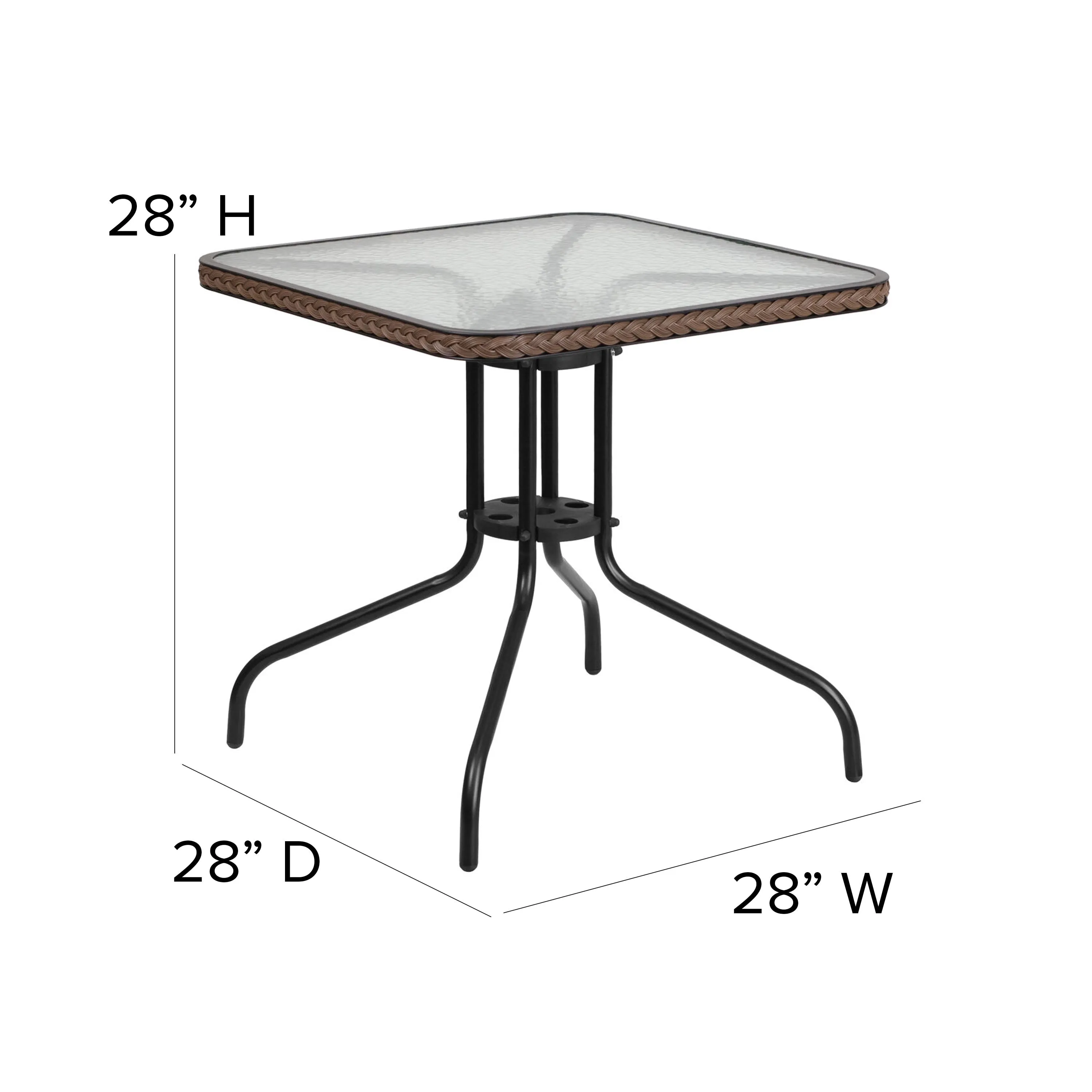 Barker 28'' Square Tempered Glass Metal Table with Rattan Edging