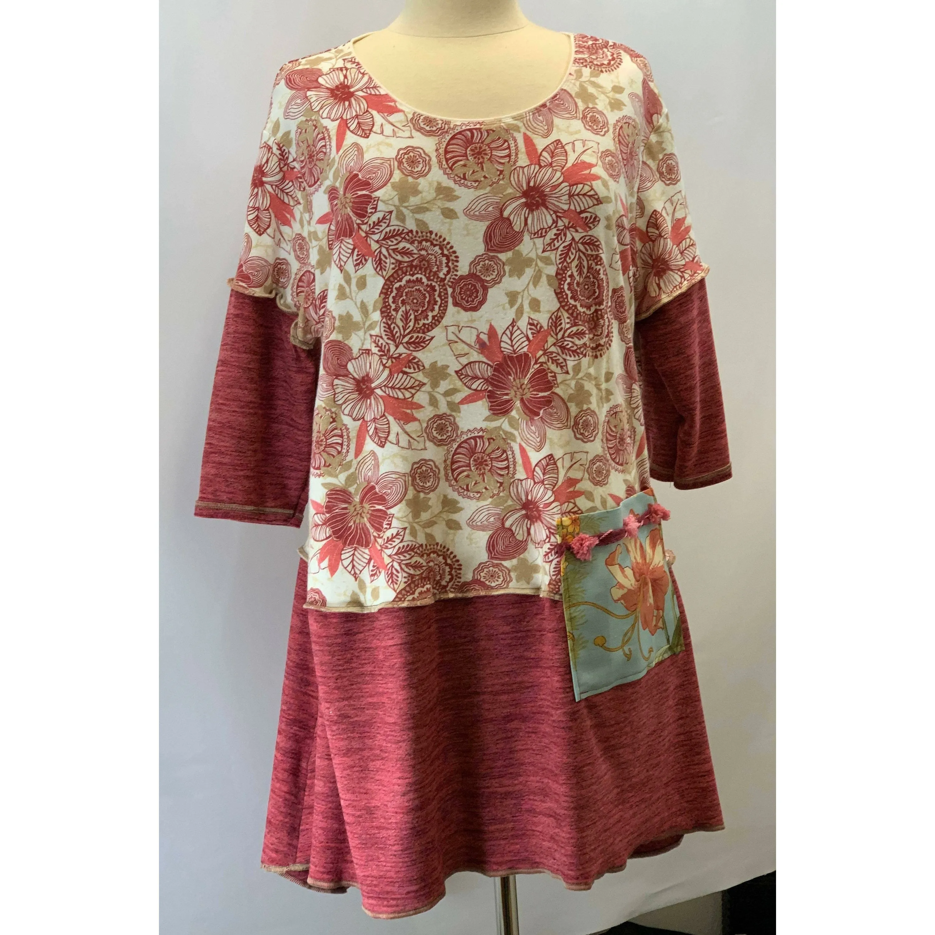 Beautiful Rose colored floral top from repurposed shirt in size XL