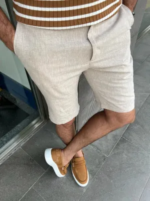 Beige Slim Fit Linen Shorts for Men by GentWith.com