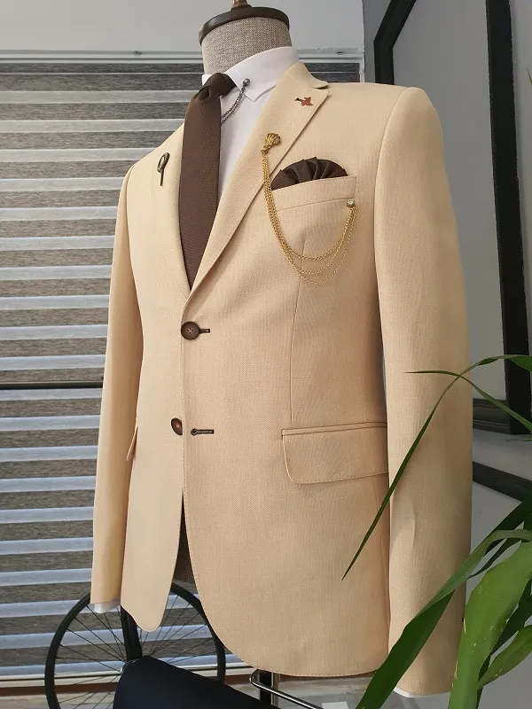 Beige Slim Fit Notch Lapel Cotton Suit for Men by GentWith.com