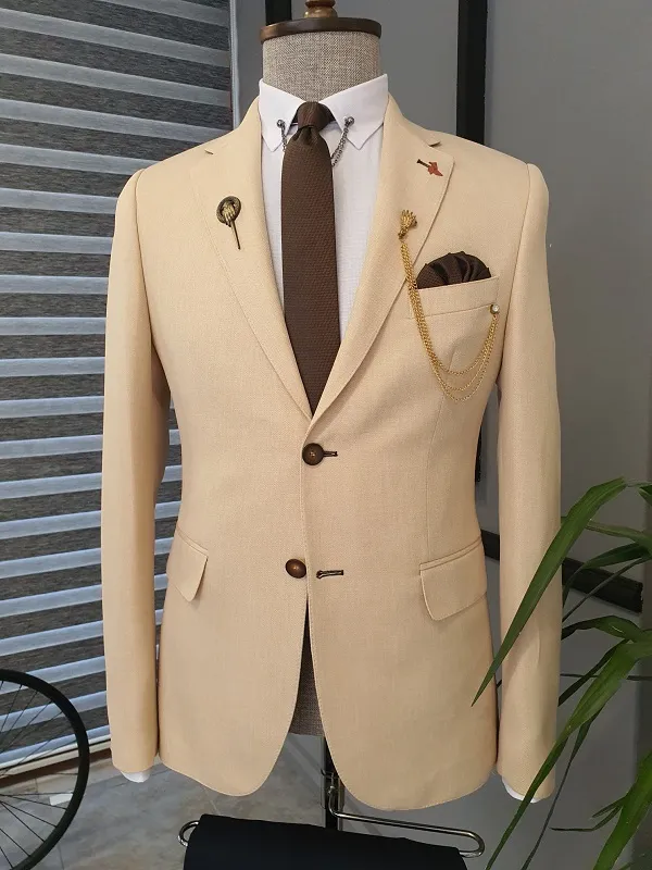 Beige Slim Fit Notch Lapel Cotton Suit for Men by GentWith.com