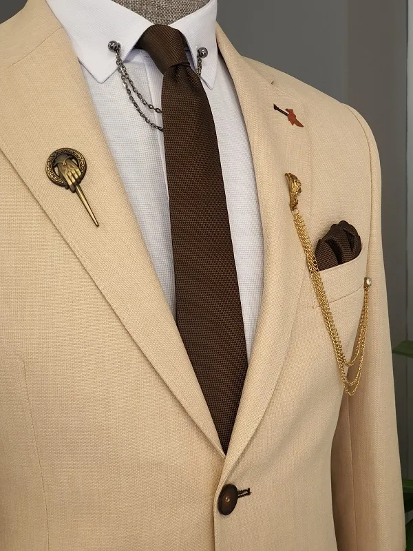 Beige Slim Fit Notch Lapel Cotton Suit for Men by GentWith.com