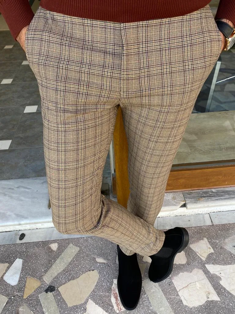 Beige Slim Fit Plaid Pants for Men by GentWith.com | Worldwide Shipping