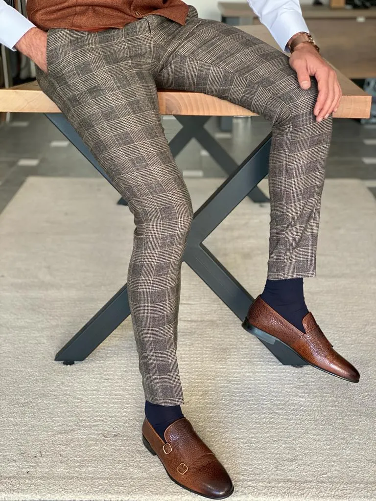 Beige Slim Fit Plaid Pants for Men by GentWith.com | Worldwide Shipping