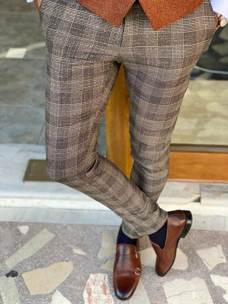 Beige Slim Fit Plaid Pants for Men by GentWith.com | Worldwide Shipping