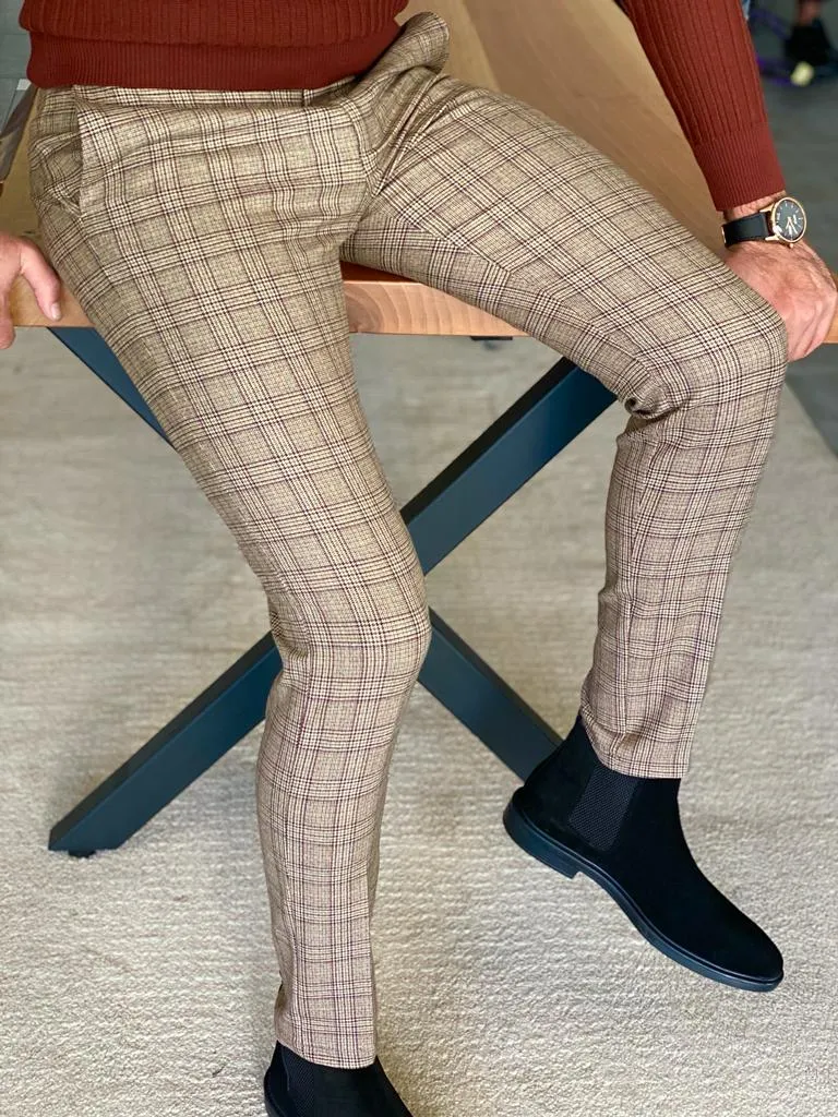 Beige Slim Fit Plaid Pants for Men by GentWith.com | Worldwide Shipping