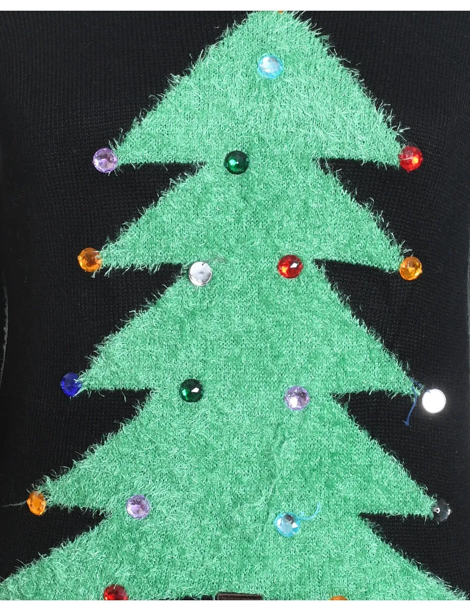 Black Christmas Tree Design Knit Jumper - M