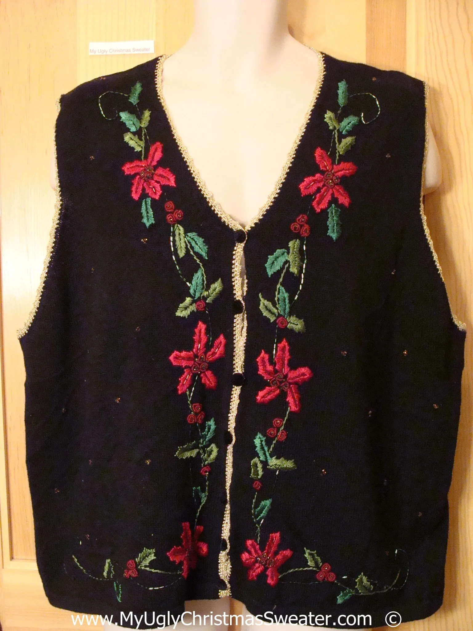 Black Festive Christmas Sweater Vest with Poinsettias