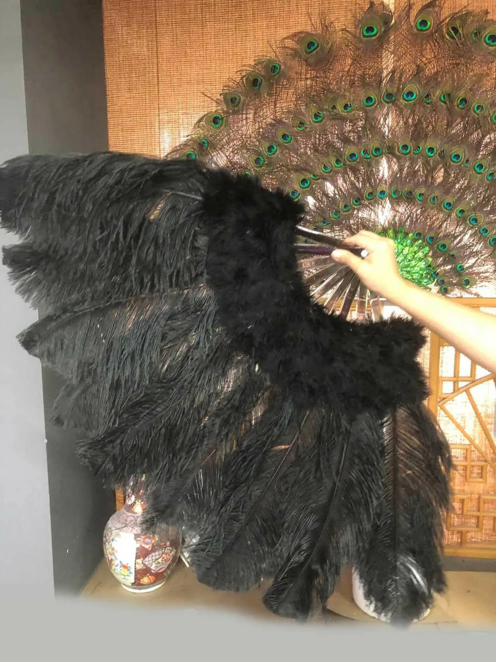 black Marabou Ostrich Feather fan 24"x 43"