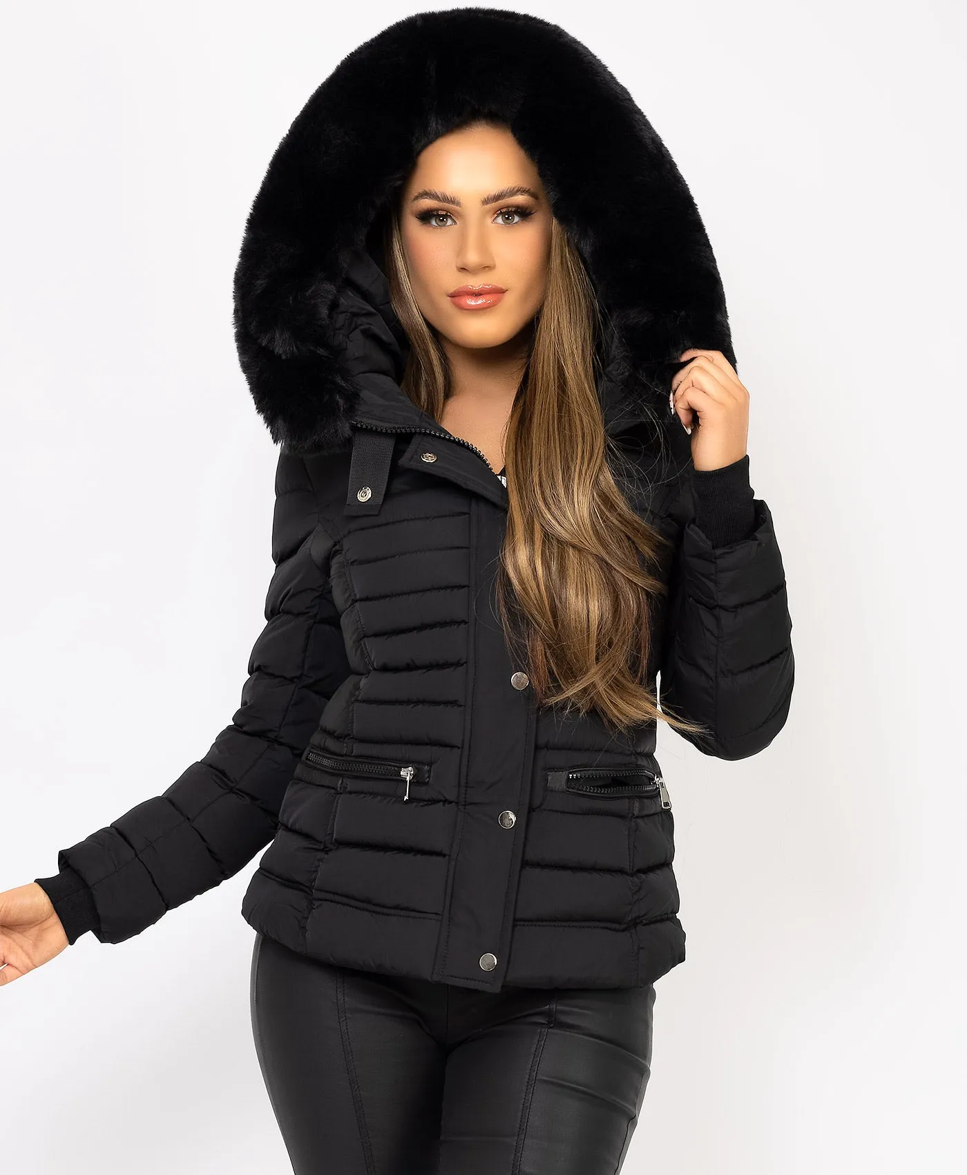 Black Padded Quilted Faux Fur Hood Puffer Jacket Coat