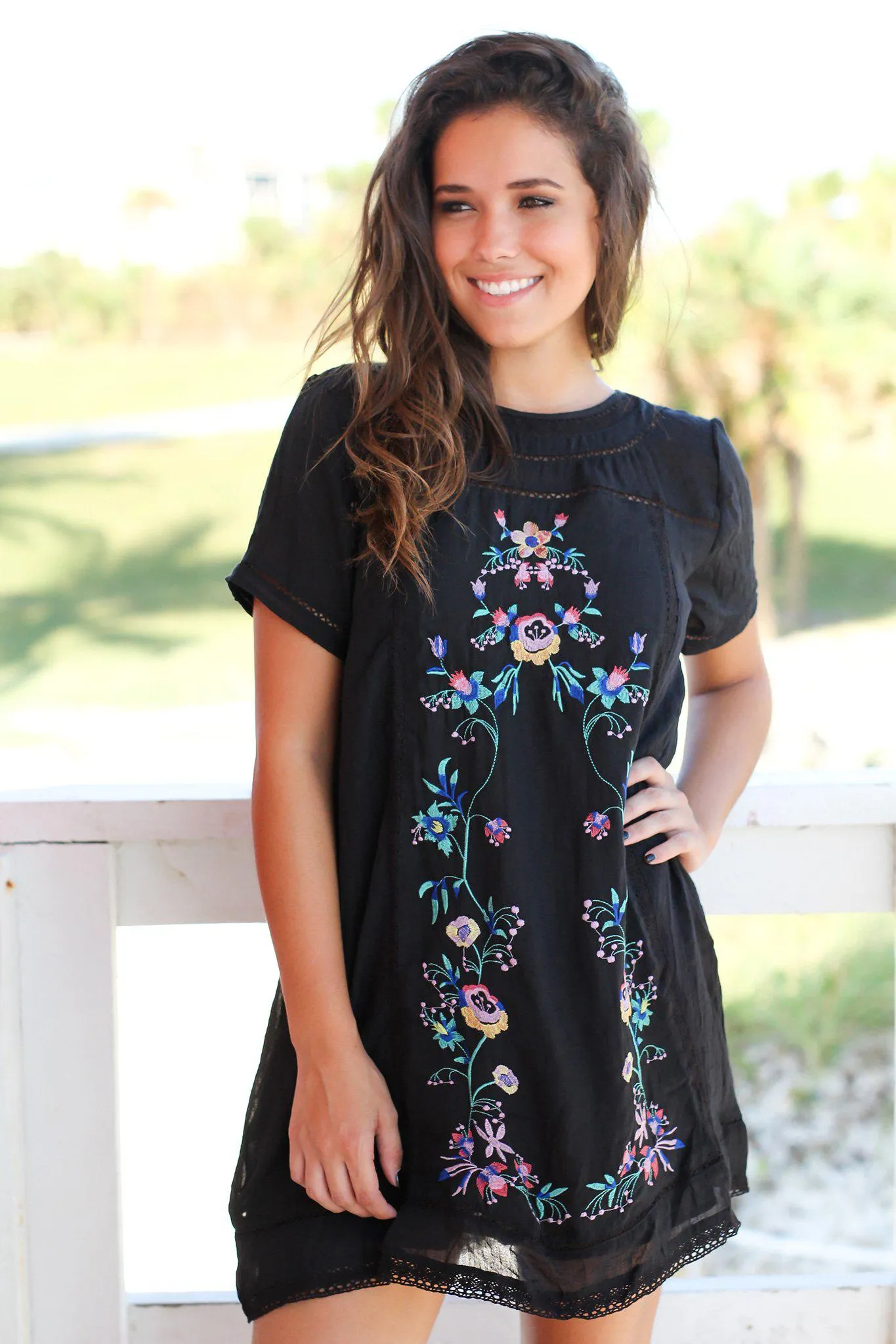 Black Short Dress with Floral Embroidery