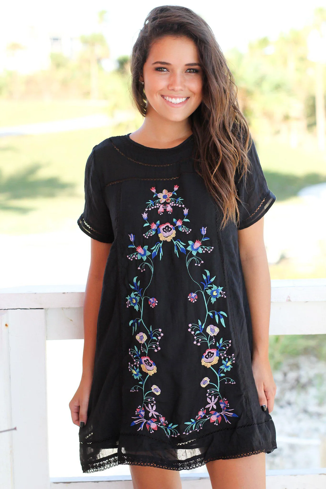 Black Short Dress with Floral Embroidery