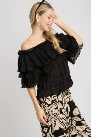 Black Textured Multi Layer Ruffle Top