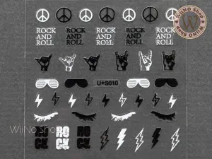 Black White Rock and Roll Adhesive Nail Art Sticker - 1 pc (U S010)