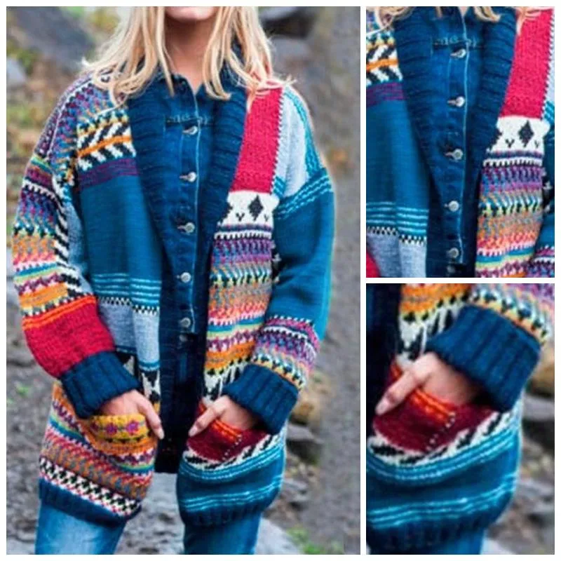 Blue Women Knitting Fall Sweaters with Pocket