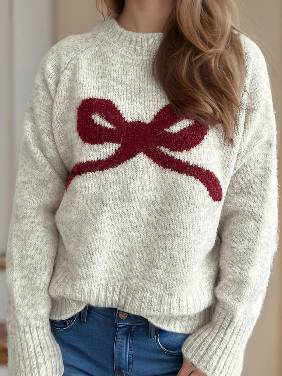 Bow Round Neck Long Sleeve Sweater | Christmas Sweater | Holiday Sweater