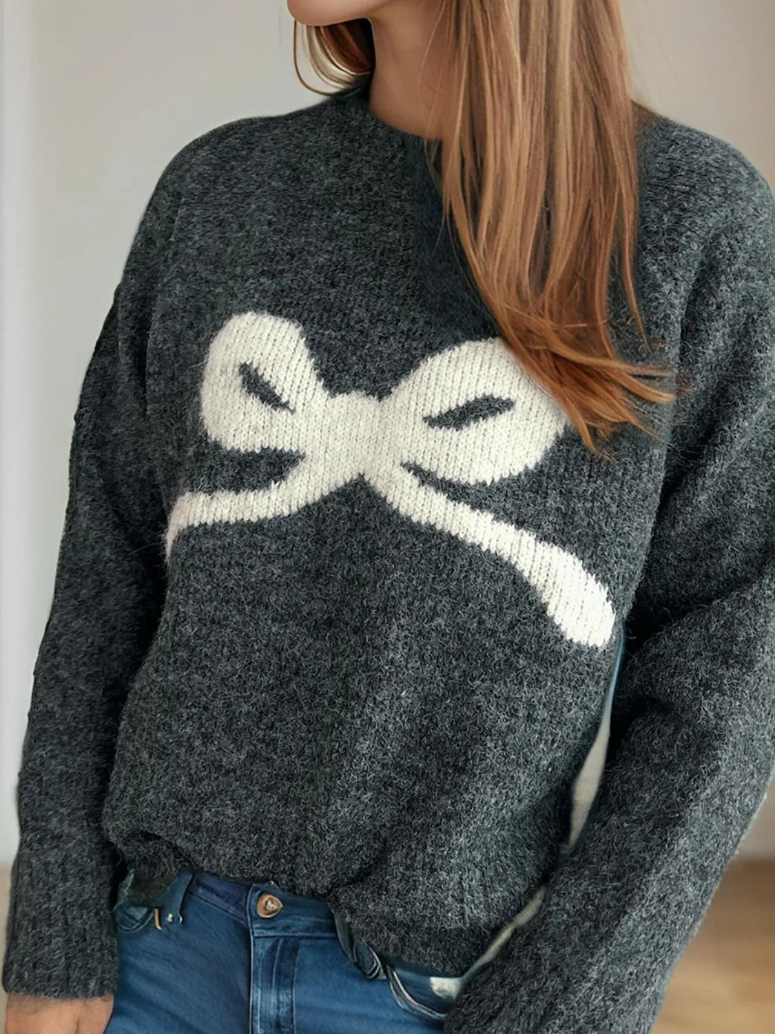 Bow Round Neck Long Sleeve Sweater | Christmas Sweater | Holiday Sweater