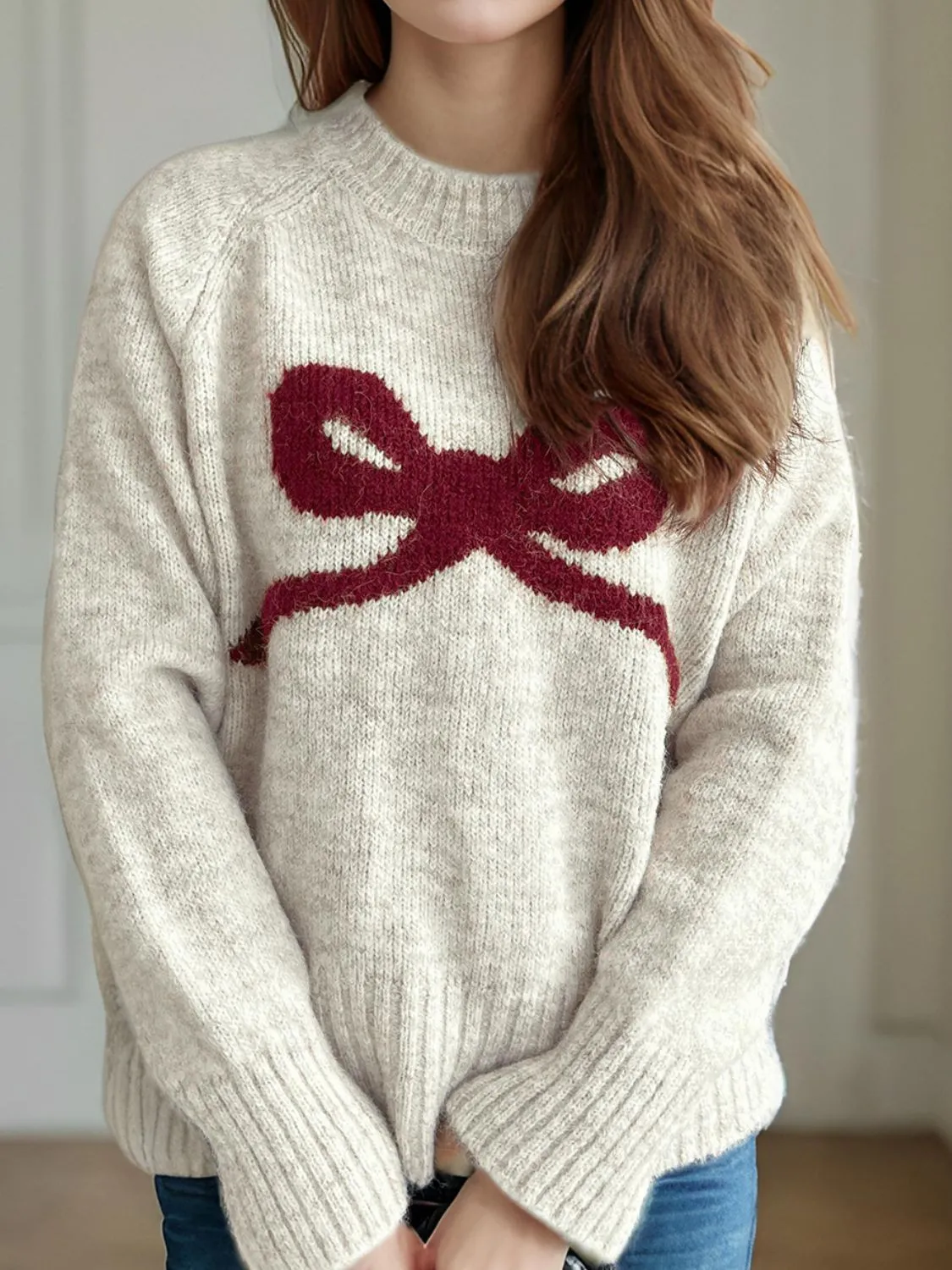 Bow Round Neck Long Sleeve Sweater | Christmas Sweater | Holiday Sweater