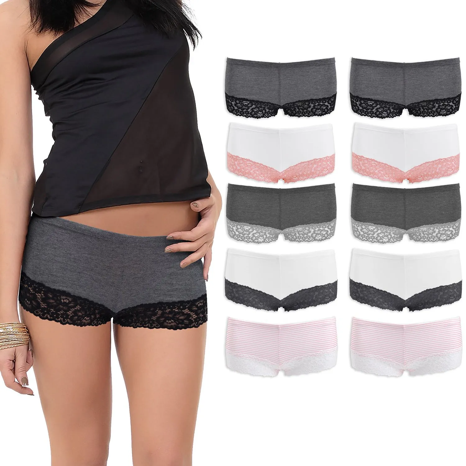 Boy Shorts Underwear for Women, Cotton Women's Panties Lace Boyshort Slip Pack