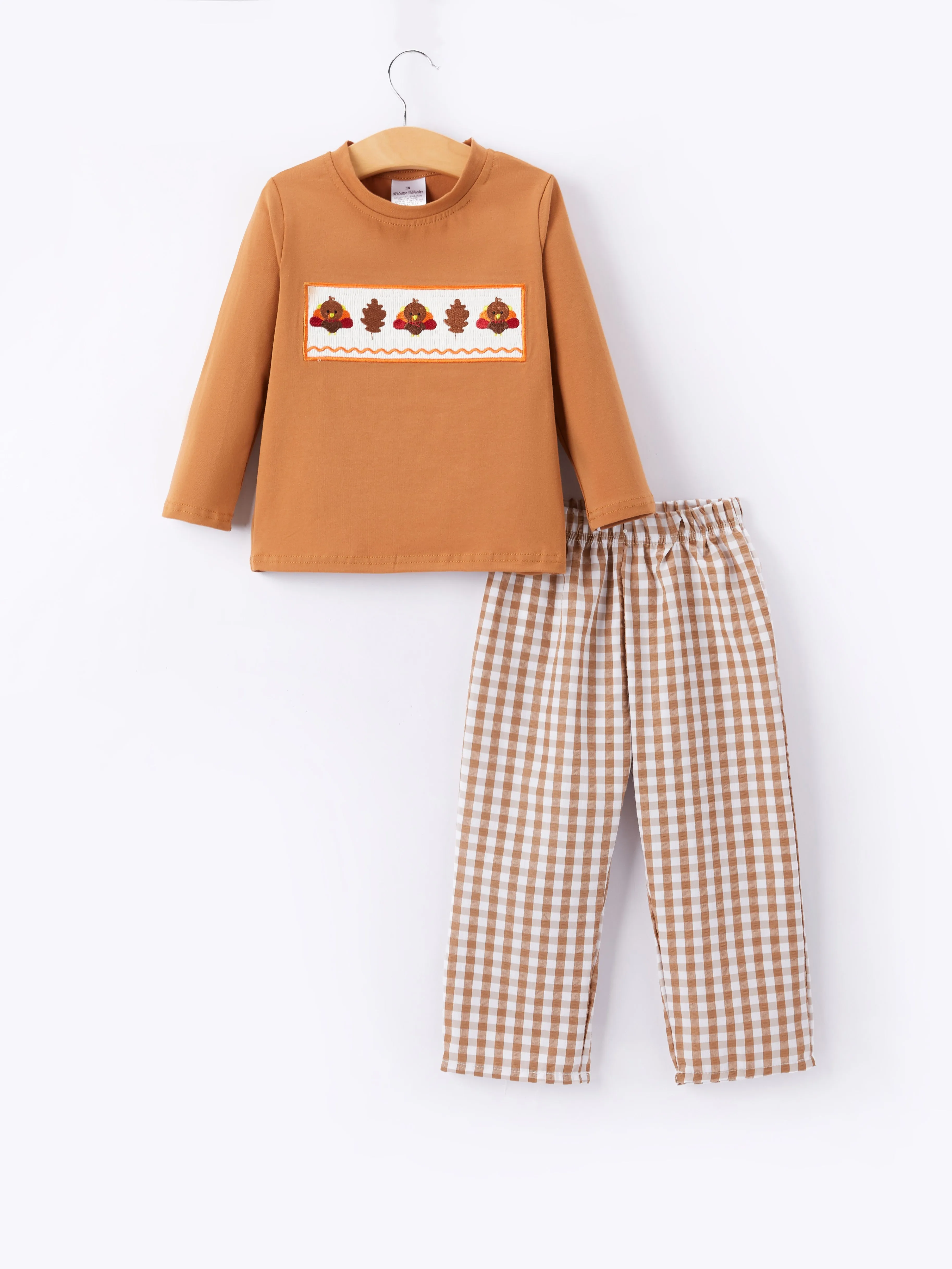 Boys Thanksgiving Smocking Embroidered Brown Plaid Outfit Set