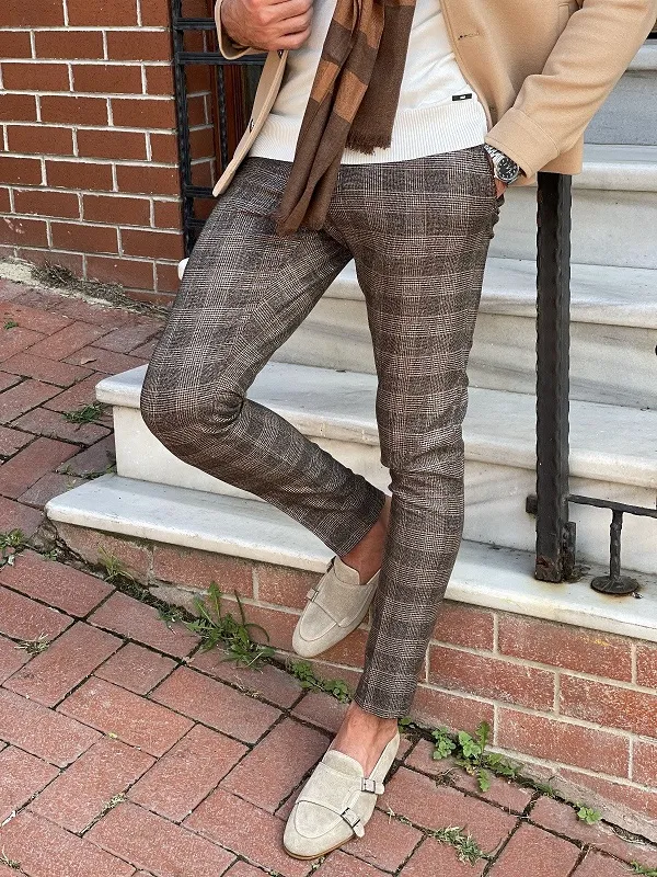 Brown Slim Fit Plaid Pants for Men by GentWith | Worldwide Shipping