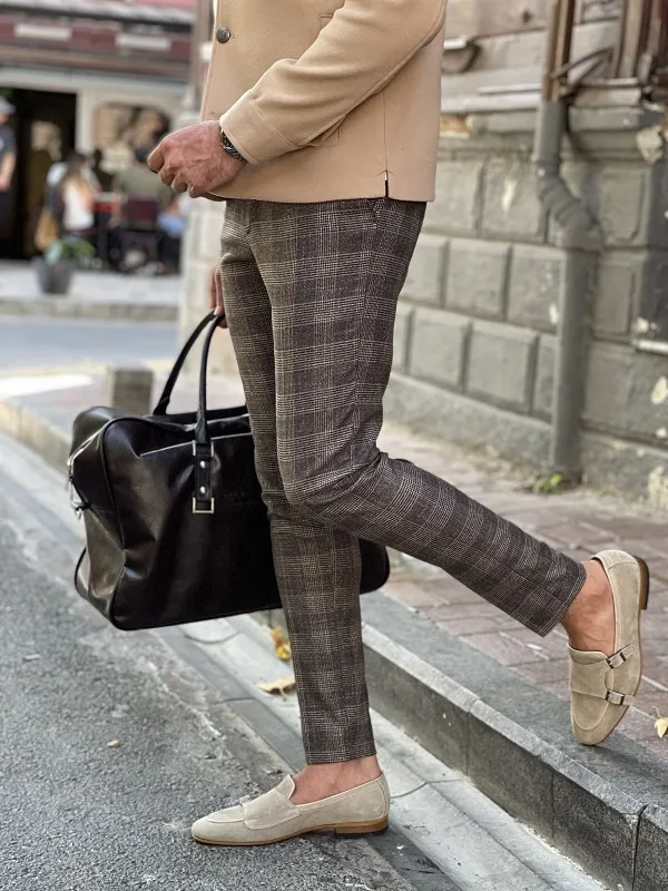 Brown Slim Fit Plaid Pants for Men by GentWith | Worldwide Shipping