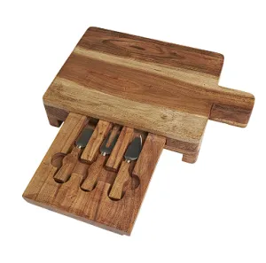 BROWN WOOD HANDMADE CUTTING BOARD WITH 4 CHEESE KNIVES