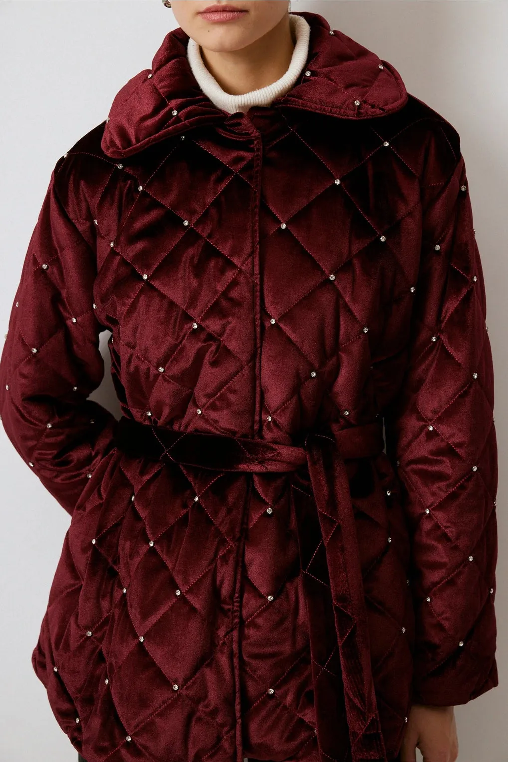 Burgundy Quilted Crystal Velvet Coat