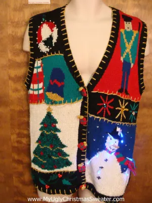 Busy Ugly Christmas Sweater Vest with Lights and Nutcracker