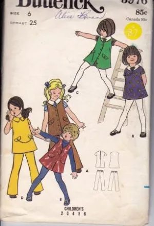 Butterick 5976 Girls Jumper Dress and Bell Bottom Pants Vintage Pattern 1970's