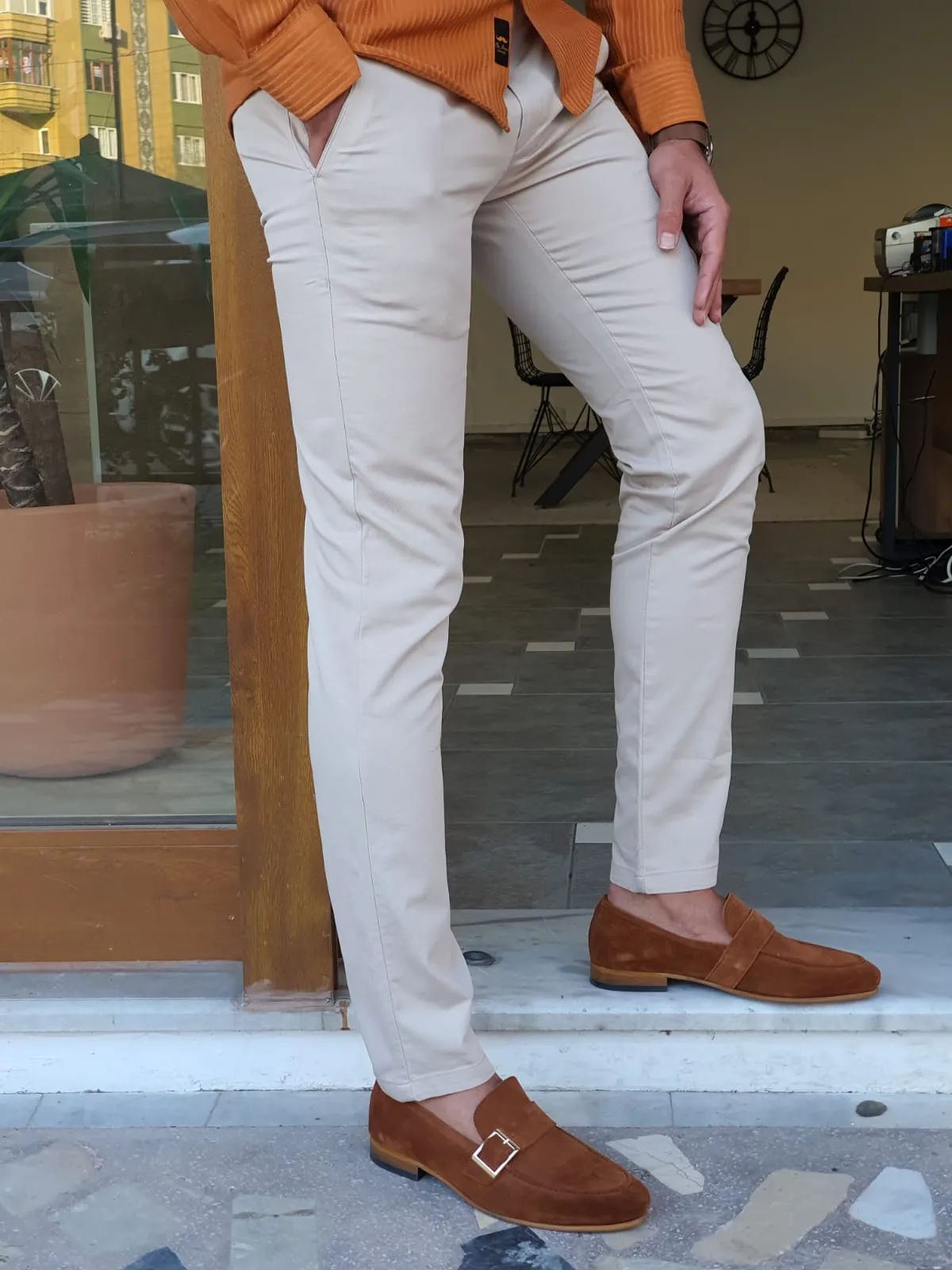 Buy Beige Slim Fit Cotton Pants by GentWith.com | Worldwide Shipping