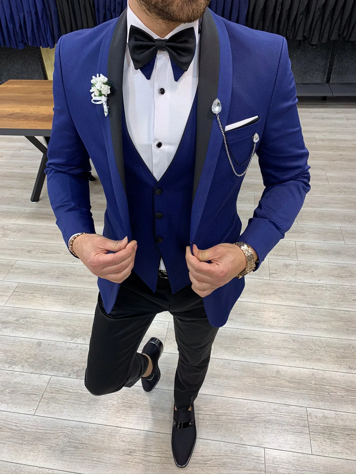 Buy Blue Slim Fit Shawl Lapel Tuxedo by GentWith | Worldwide Shipping