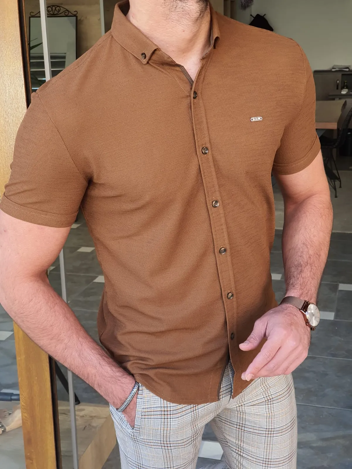 Buy Camel Slim Fit Short Sleeve Shirt by GentWith | Worldwide Shipping