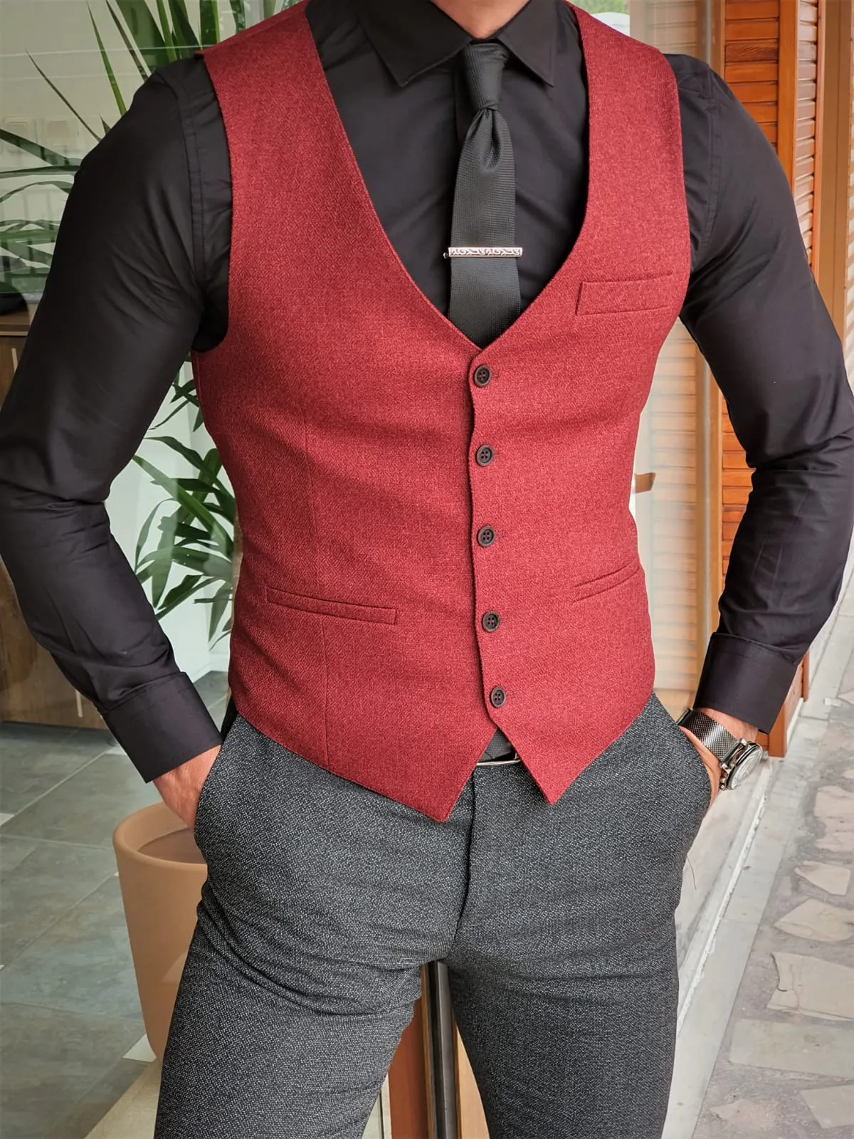 Buy Claret Red Slim Fit Vest by GentWith | Worldwide Shipping