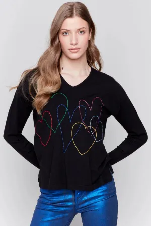 Charlie B Heart Embroidered V-Neck Sweater - C2679-464A