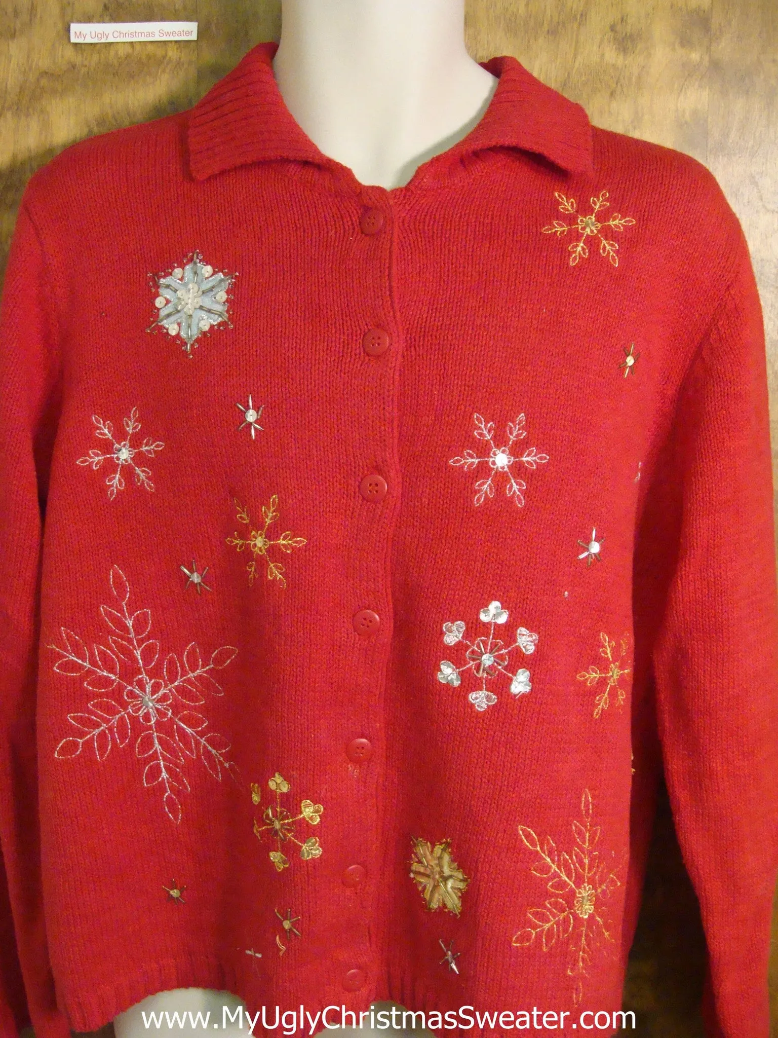 Cheap Red Holiday Sweater with Snowflakes