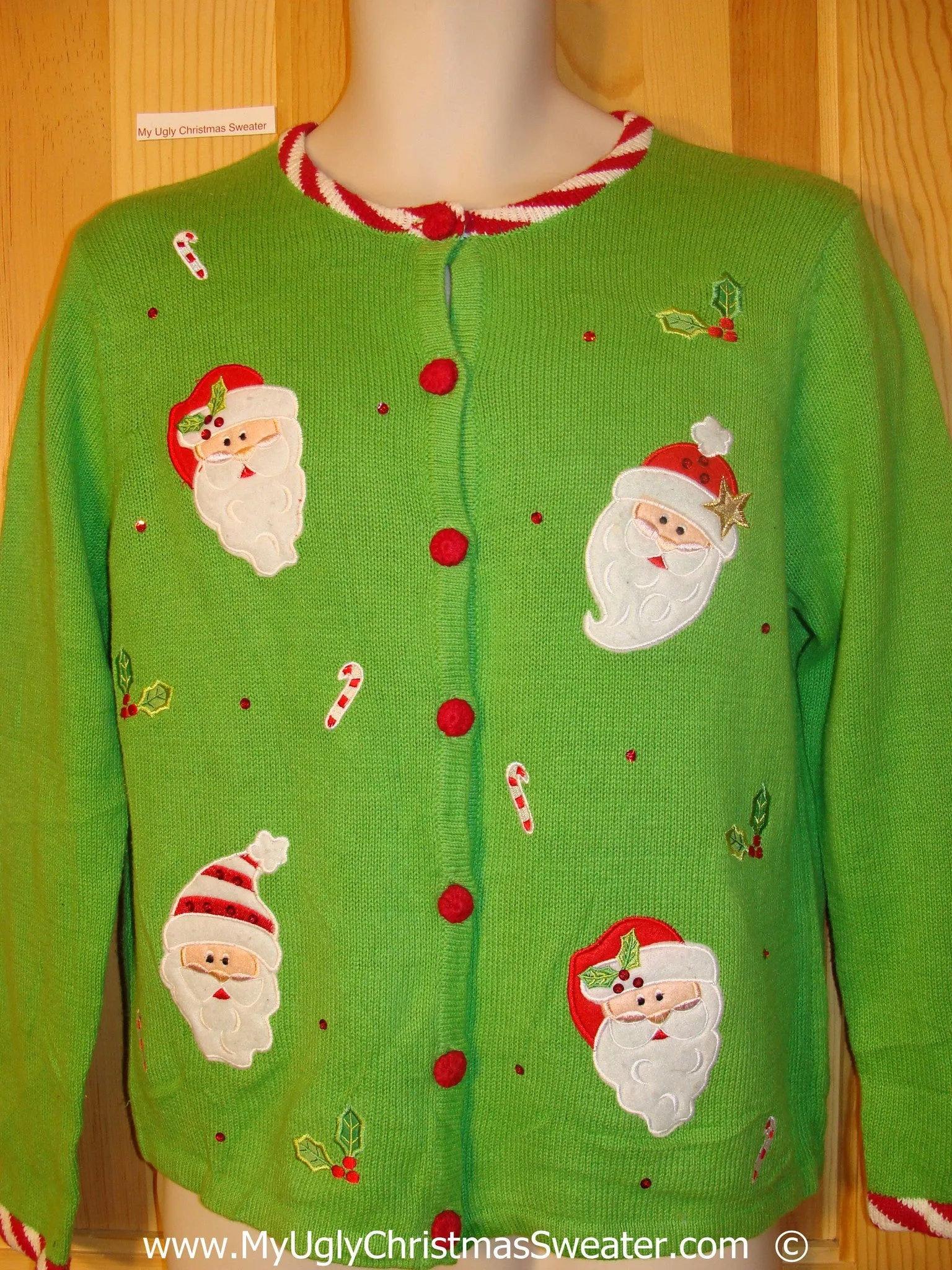 Cheesy Santa Head Christmas Sweater with Candy Cane Trim