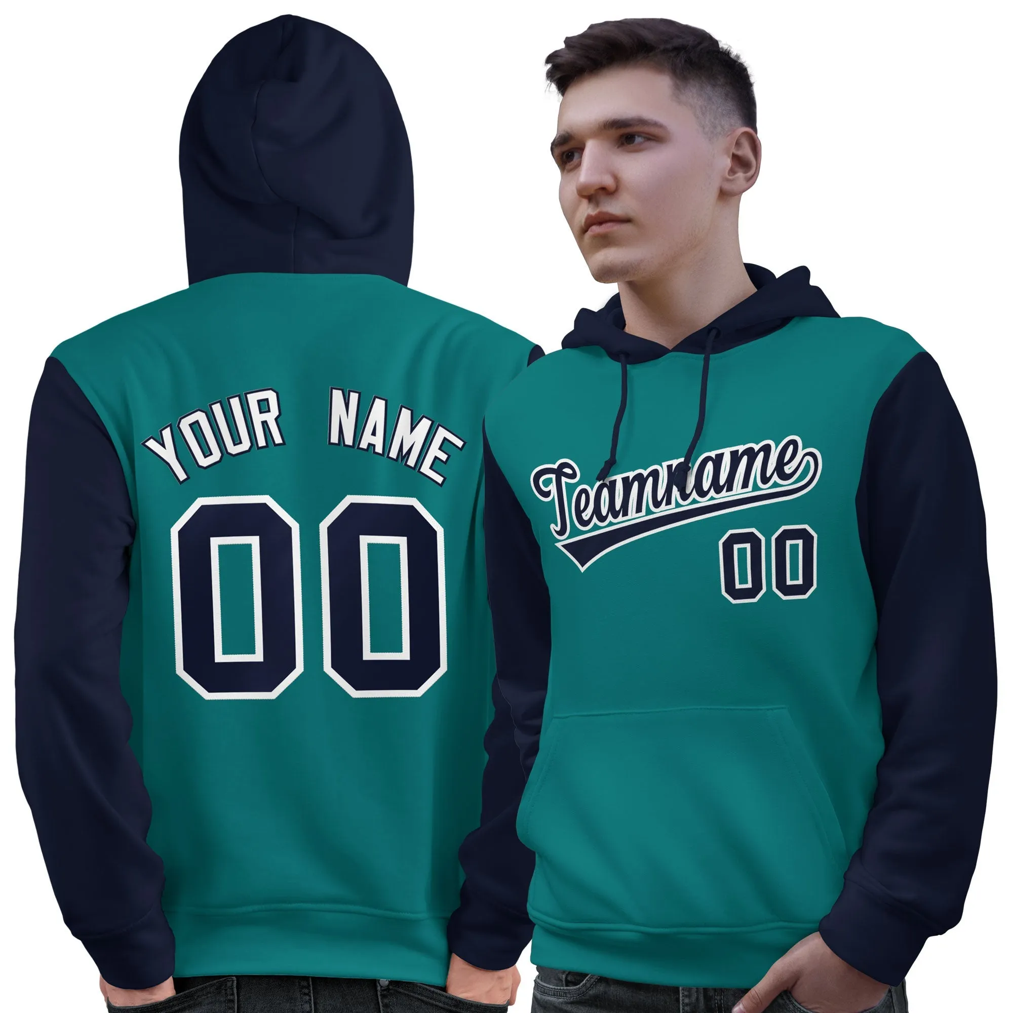 Custom Aqua Navy-White Raglan Sleeves Pullover Personalized Sweatshirt Hoodie