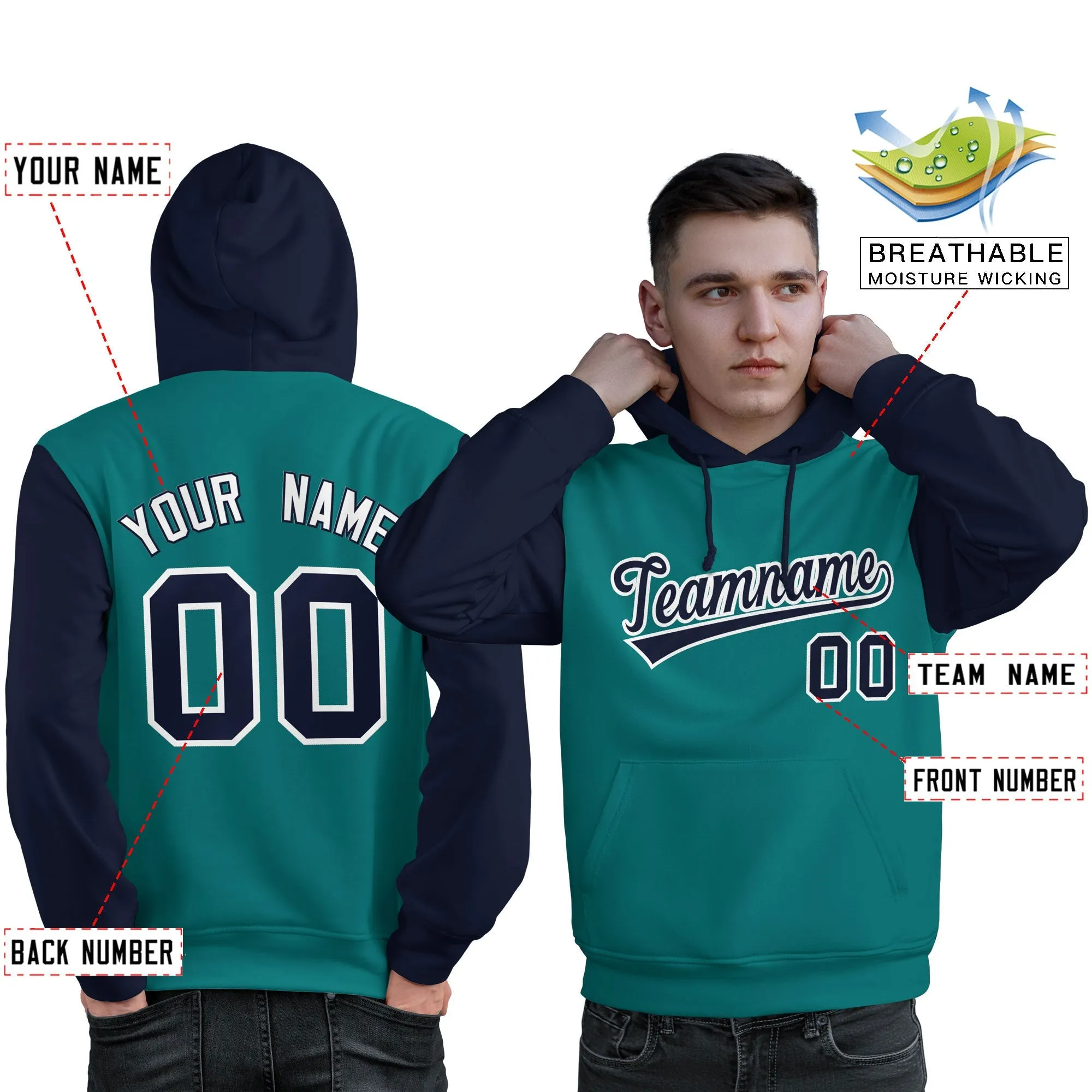 Custom Aqua Navy-White Raglan Sleeves Pullover Personalized Sweatshirt Hoodie