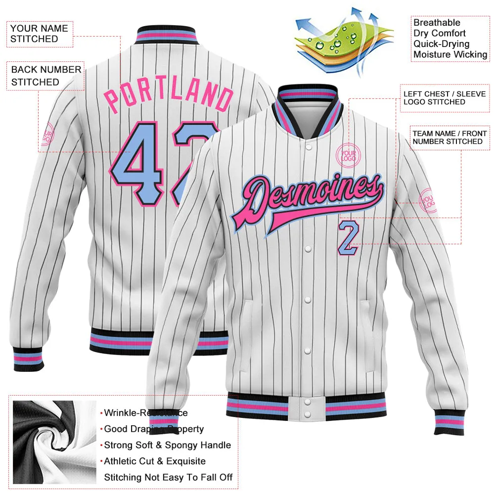 Custom White Black Pinstripe Light Blue-Pink Bomber Full-Snap Varsity Letterman Jacket