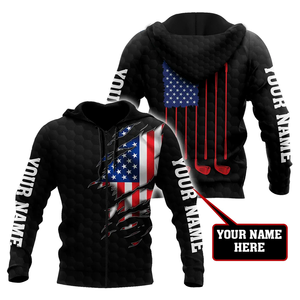 Customized Name Golf US Flag Black Golf Pattern Sweatshirt Zip Hoodie Christmas Shirts